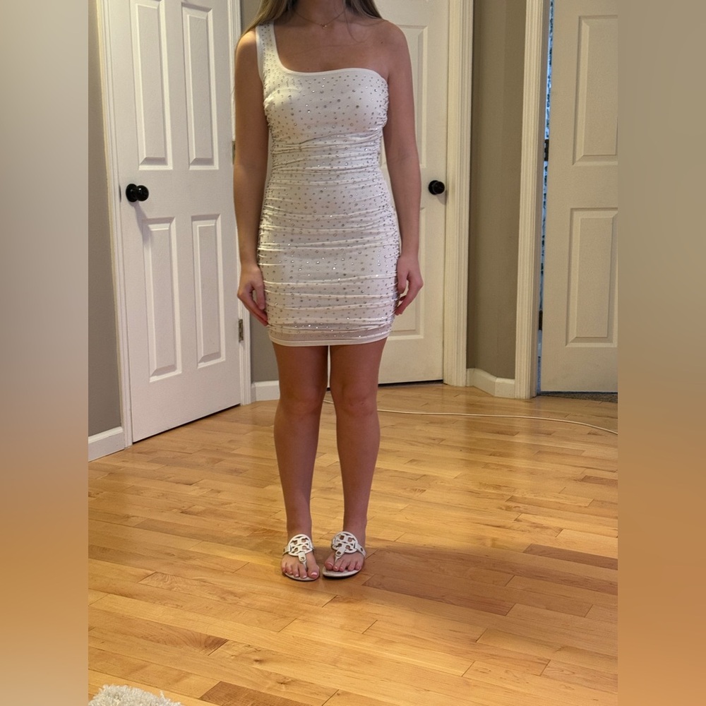 Windsor Refined Glam One-Shoulder Rhinestone Mini Dress
